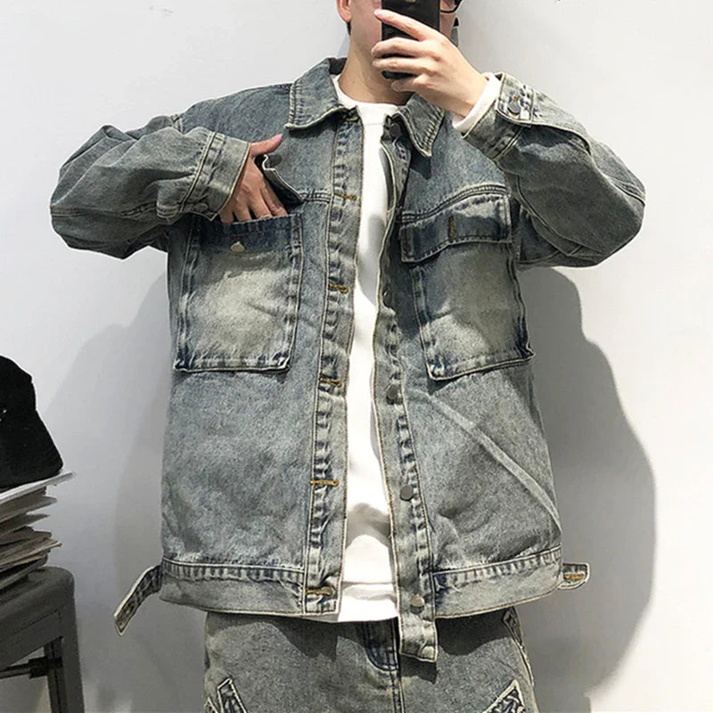 Tied Die Lapel Button Up Jean Jacket