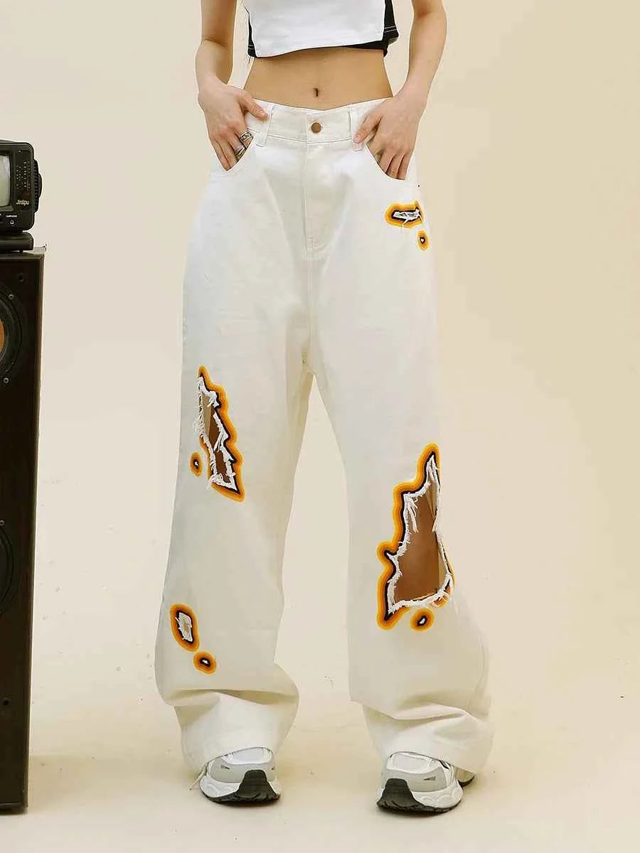 Womens Retro Flame Loose Ripped Jeans