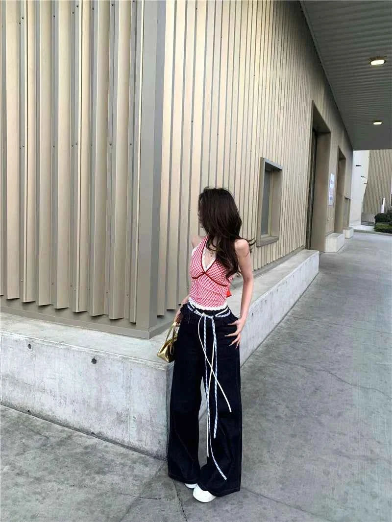 Vintage Dark Blue Ruffle Trim Jeans