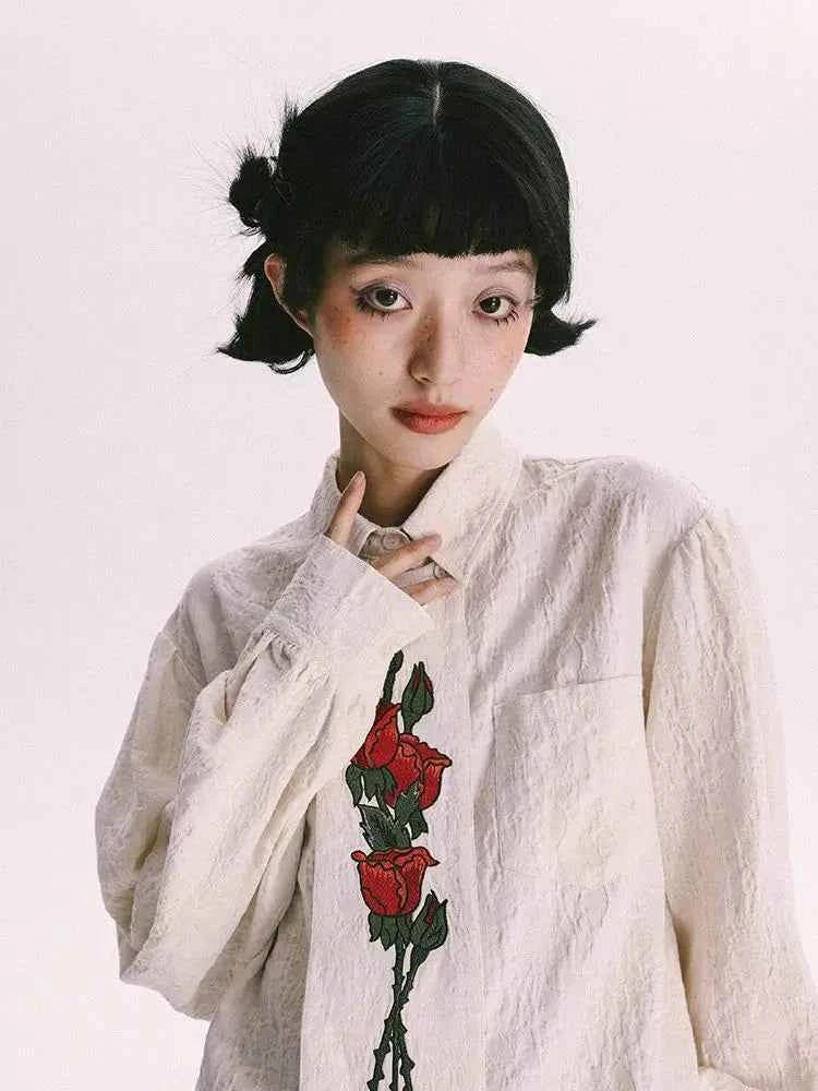 Chic Retro Floral Embroidery Long Shirt