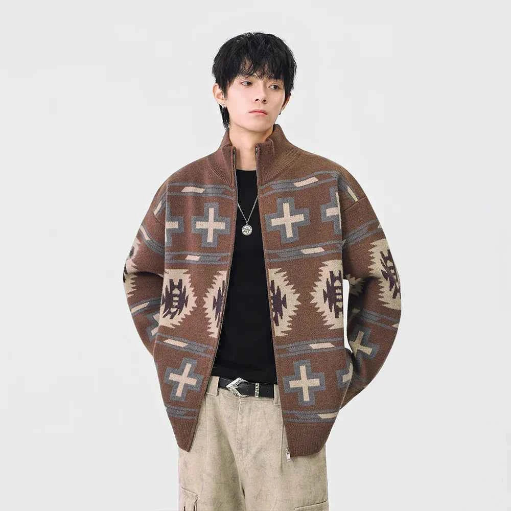 Geometric Pattern Casual Full Zip Cardigan