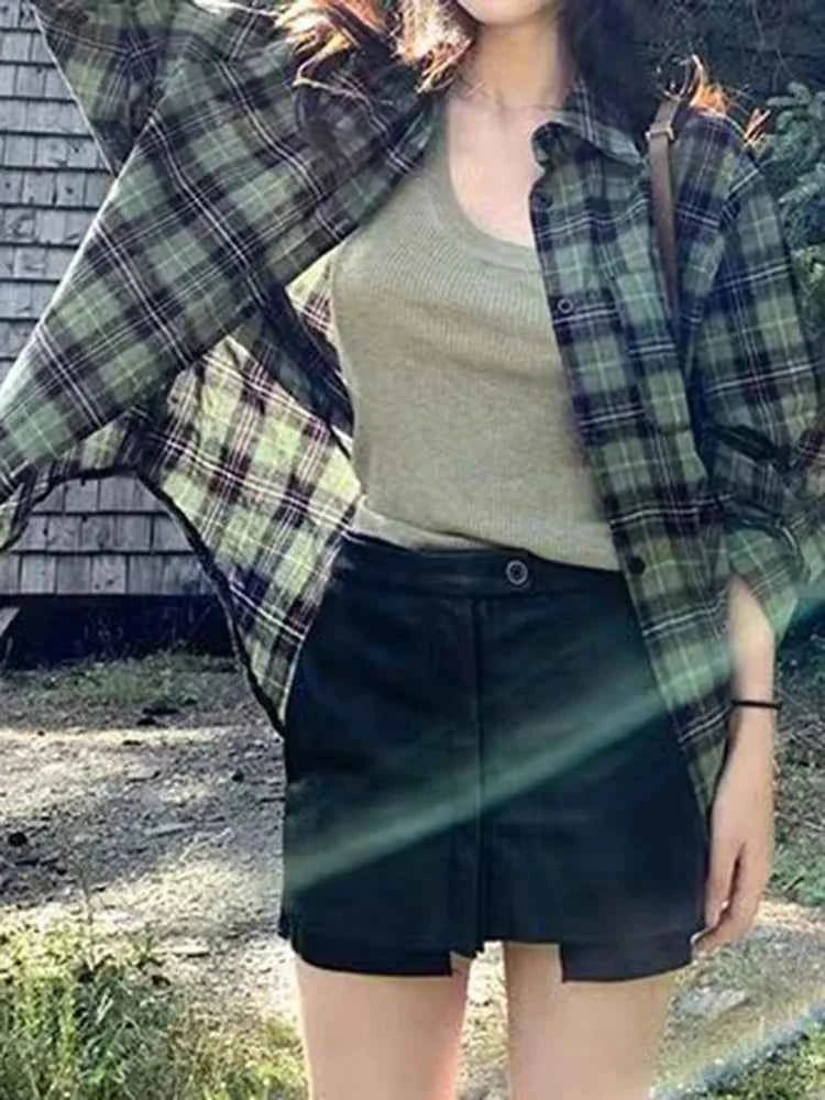 Plaid Dragon Sleeve Loose Button Shirt