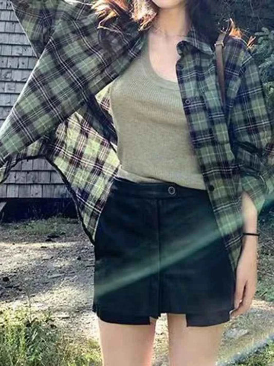 Plaid Dragon Sleeve Loose Button Shirt