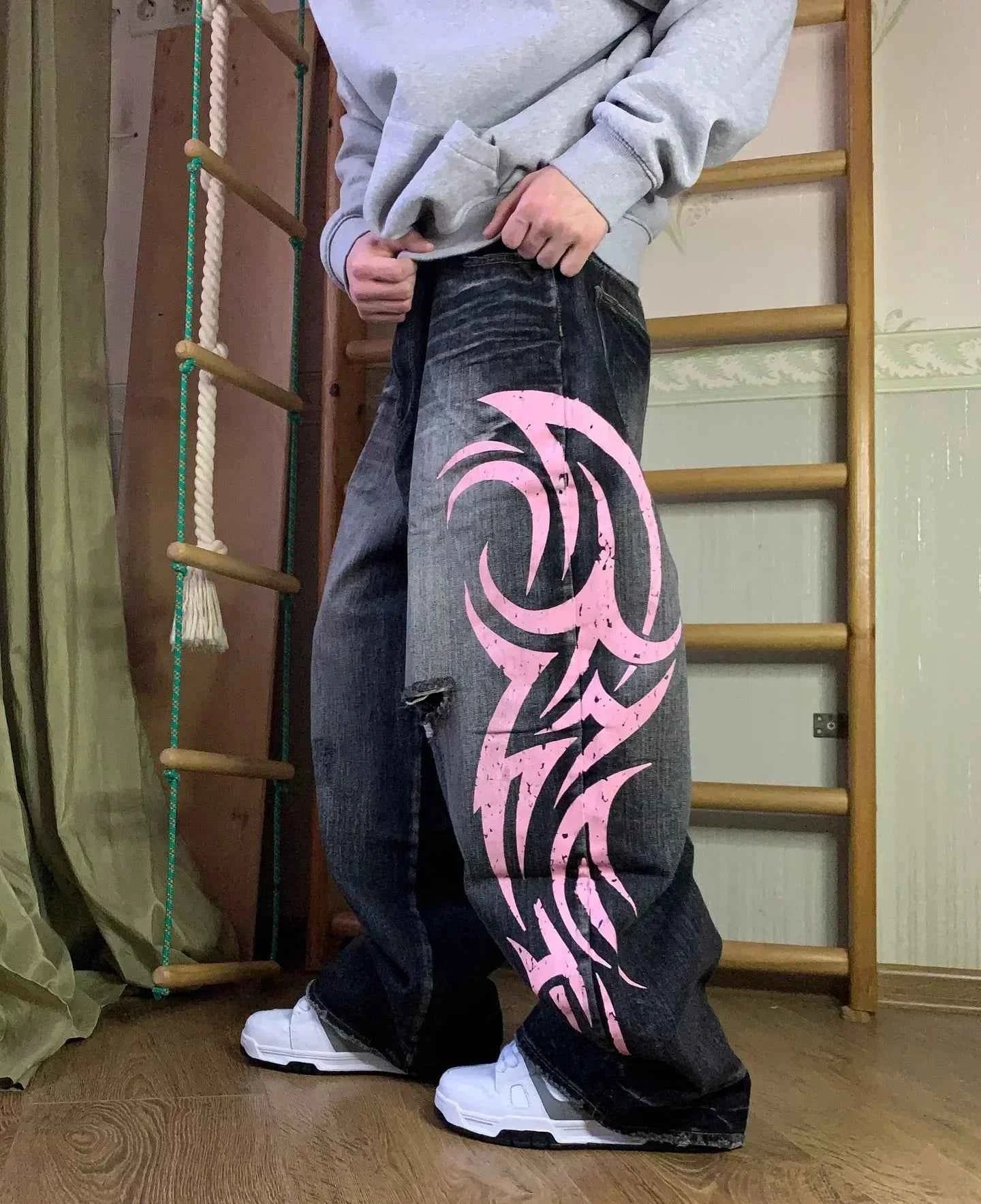 Pink Flame Emblem Doodle Print Jeans