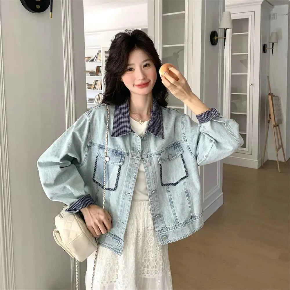 Women Retro Grid Splicing Denim Jacket