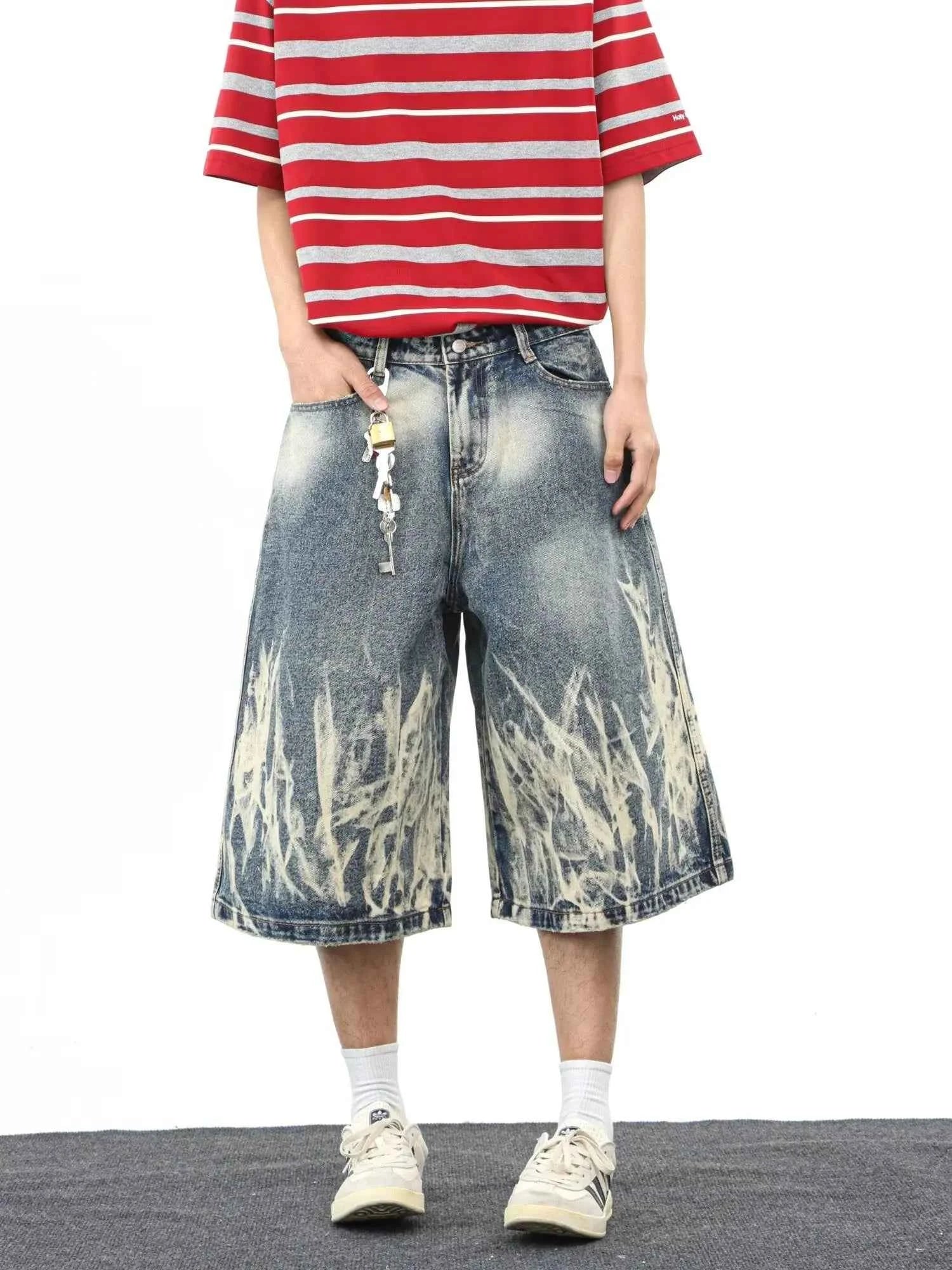 Streetwear Comfort Flame Wash Wide Leg Denim jorts