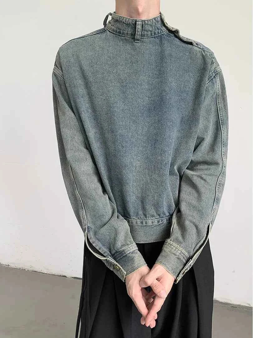 Y2K Washed Buckle Collar Motorcycle Denim Jacket