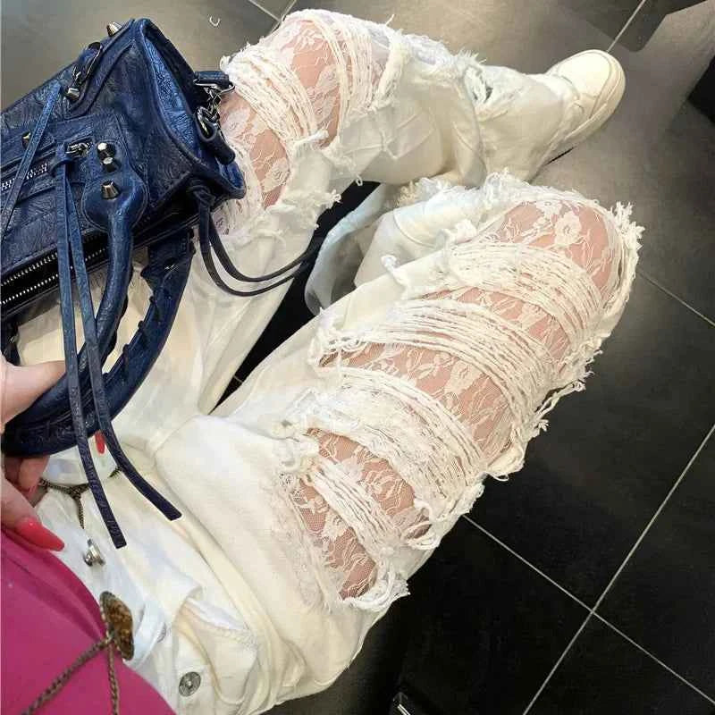 White Ripped Lace Splicing High Waist Jeans