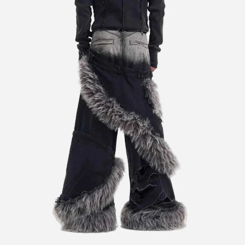 Luxury Double Waisted Fur Patchwork Ripped Denim Jeans