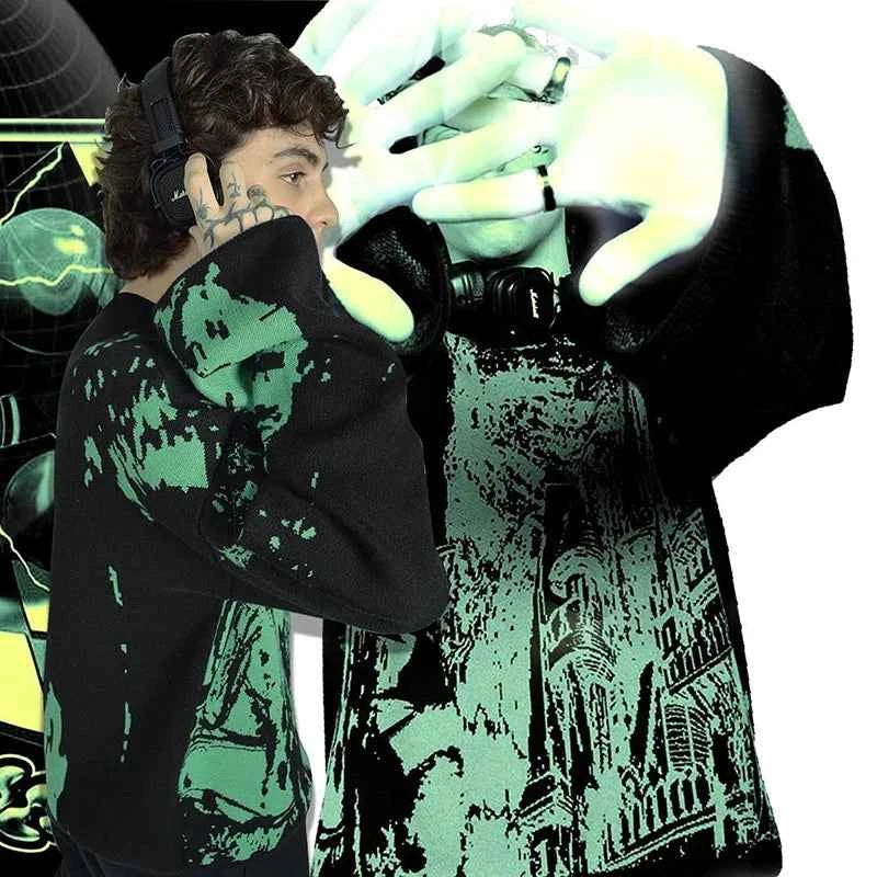 Vintage Green Gothic Style Oversized Knitwear Sweater