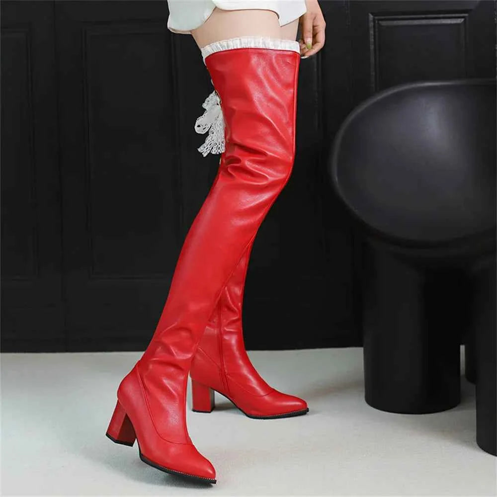 Sexy Black & Red Lace Over-The-Knee Leather Boot