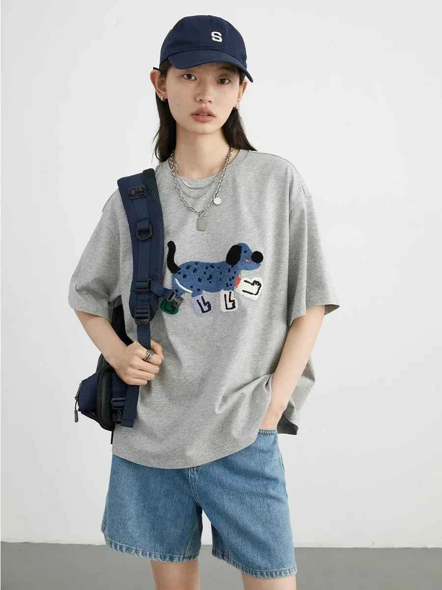 Dog Embroidered Loose Short T-Shirt
