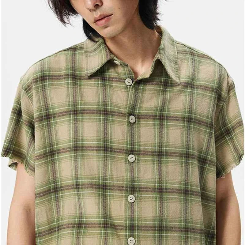 Green Plaid Vintage Lapel Short Sleeve Shirt