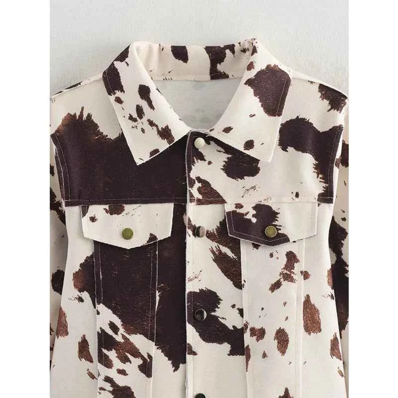 Vintage Printted Cow Long Sleeve Button Jacket