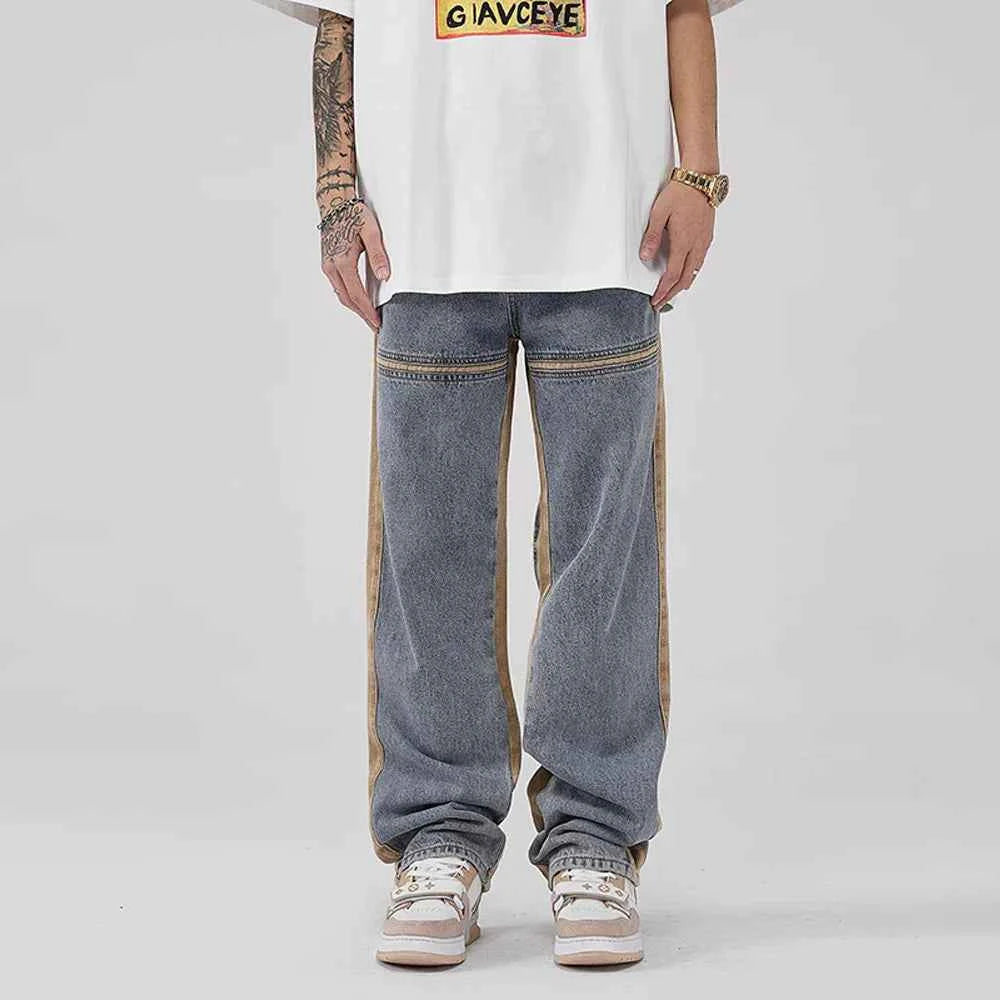 Trendy Yellow Stripe Vintage Patchwork Jeans