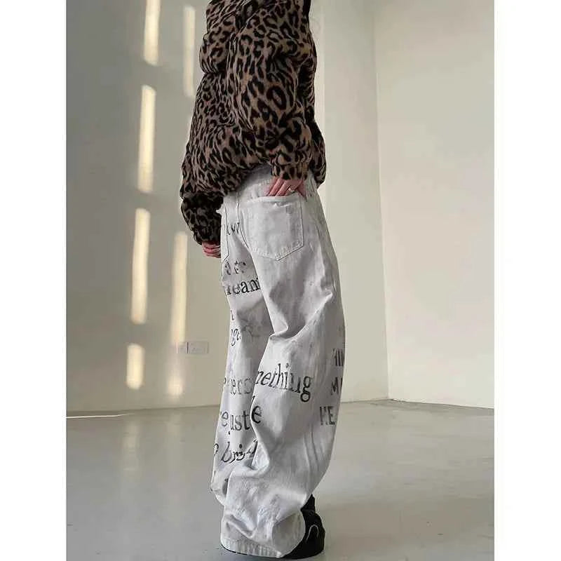 Cool Retro American Letters Print Loose Jeans