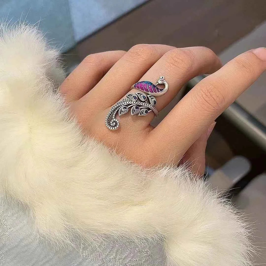 Women Vintage Peacock Feather Sterling Silver Ring