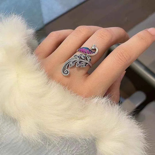 Women Vintage Peacock Feather Sterling Silver Ring