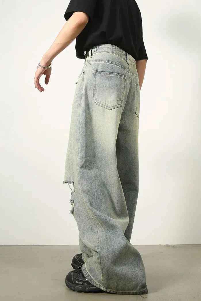 High End Blue Loose Ripped Jeans