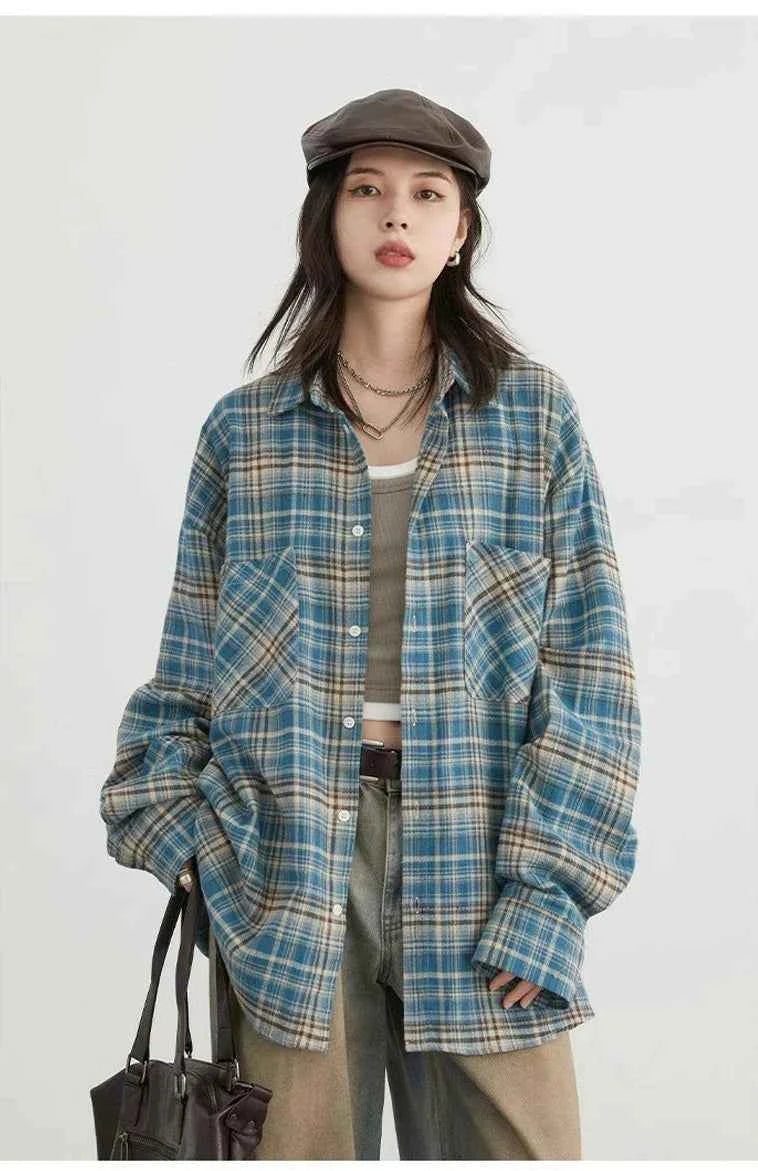 Women Vintage Plaid Oversize Long Sleeve Shirt