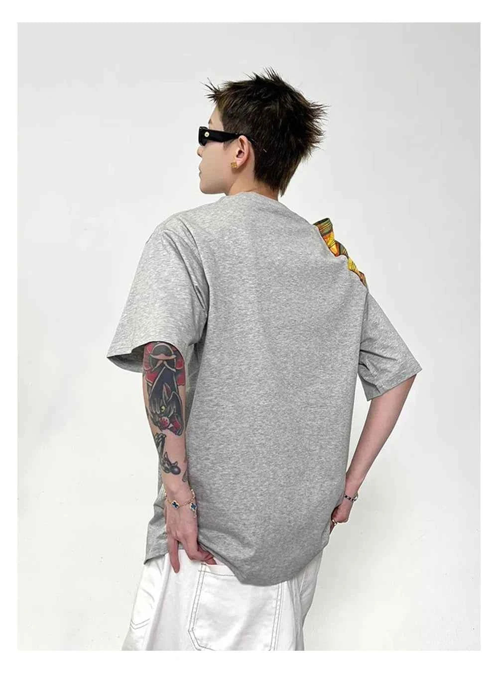 Streetwear Loose Plaid Patchwork Crew Neck T-Shirt