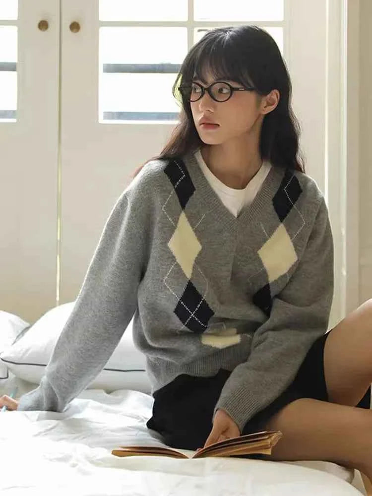 Retro Diamond Grid V-Neck Sweater