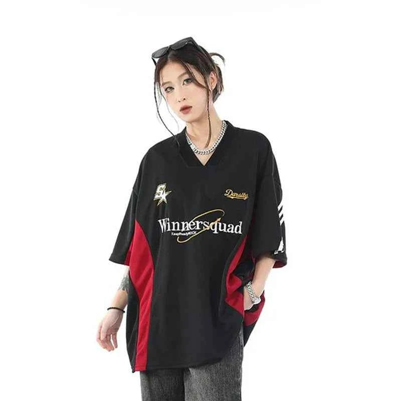 Oversize Embroidered American Style Letter T-Shirt
