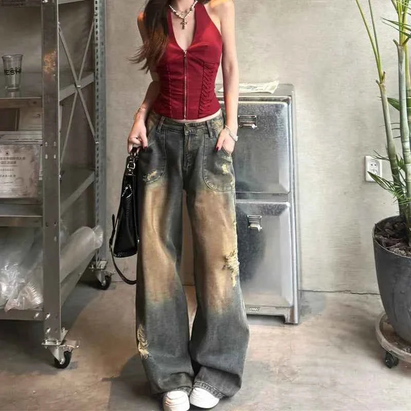 Vintage Heavyweight Distressed Wide Leg Jeans