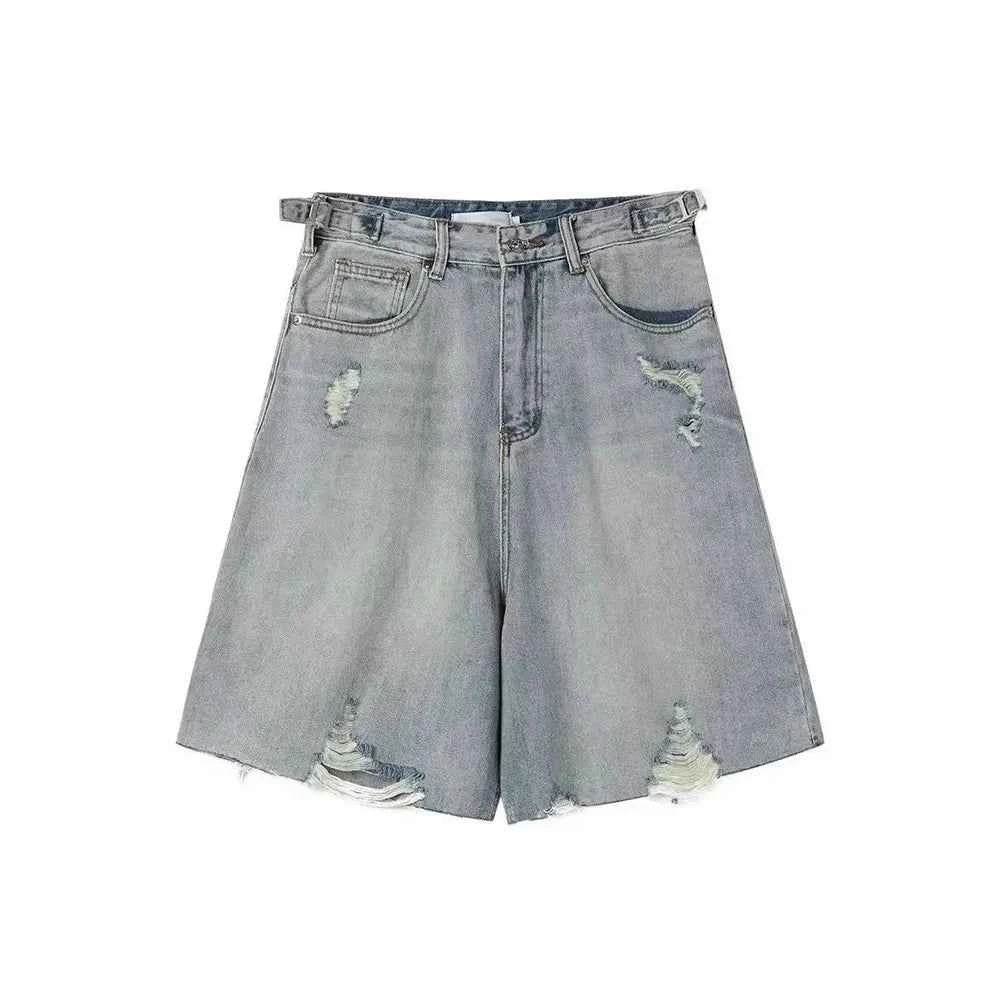 Retro Washed Solid Color Ripped Denim Short