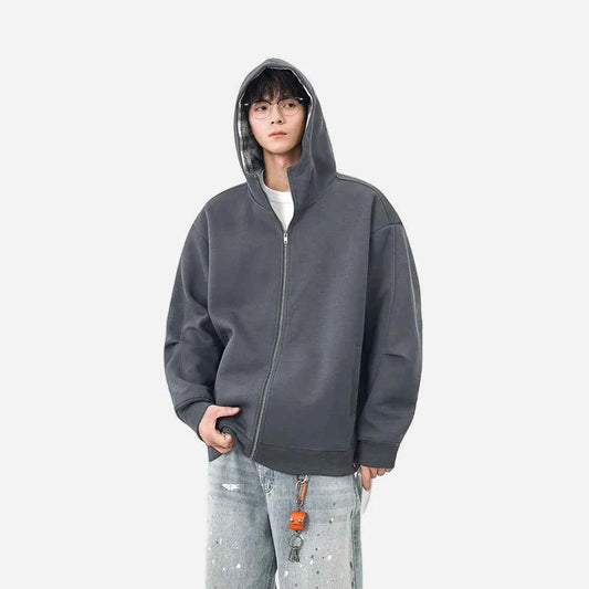 Plaid Zip-Up Casual Loose Hooded Sweatshirt