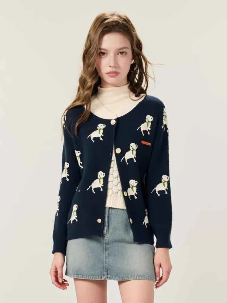 Cozy French Puppy Jacquard Knit Cardigan