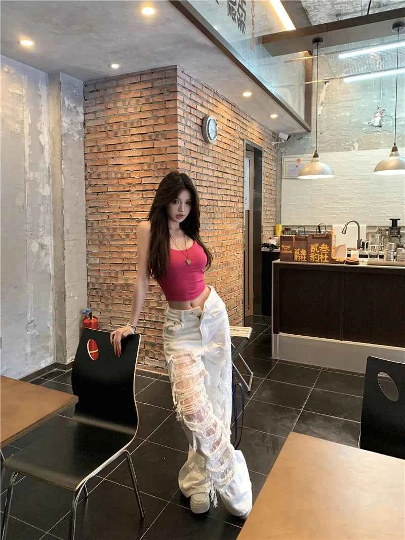 White Ripped Lace Splicing High Waist Jeans