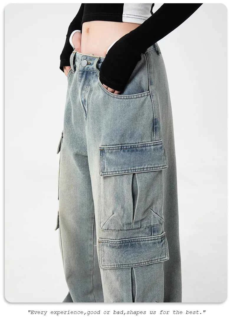 Timeless Fit Washed Denim Wide Leg Cargo Jeans