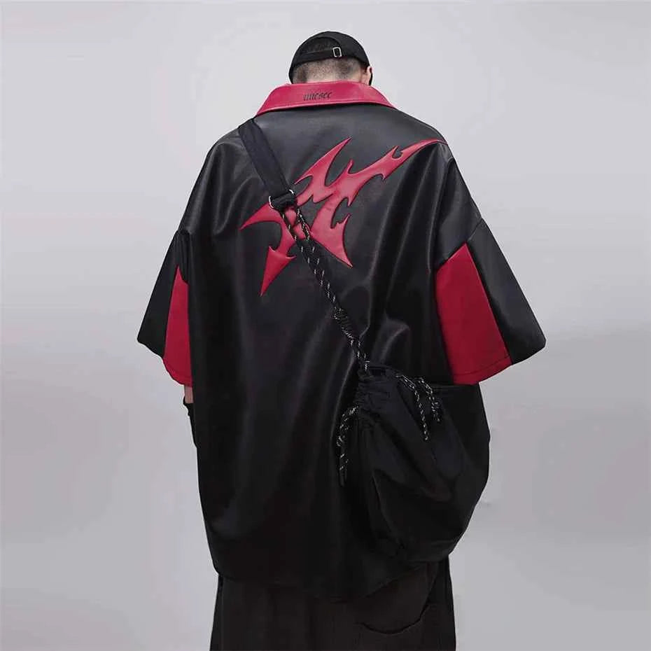 Men's Punk Short Sleeve Zipper Print Leather Jacket
