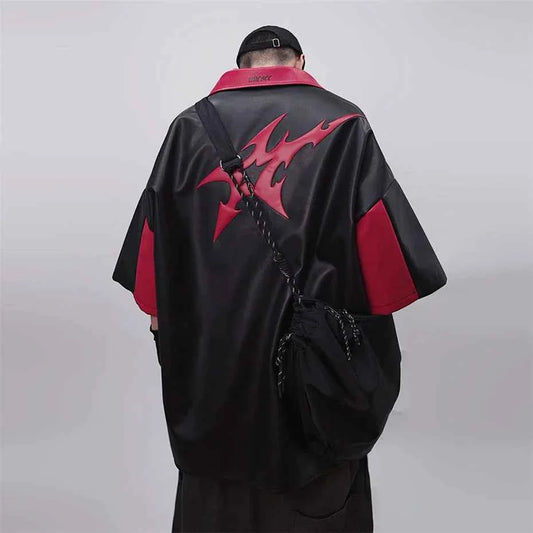 Men's Punk Short Sleeve Zipper Print Leather Jacket