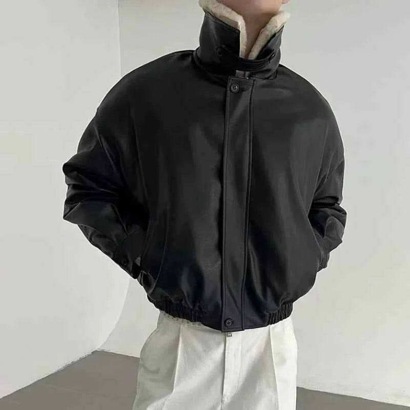 Detachable Fur Collar Thick Velvet Lined Leather Jacket