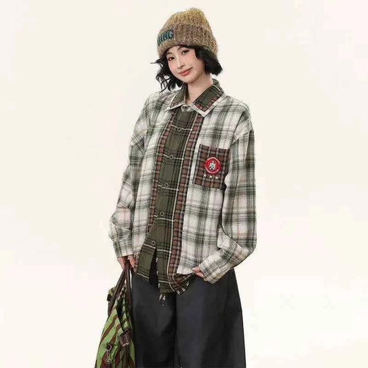 Checkered Patchwork Long Sleeve Shirt