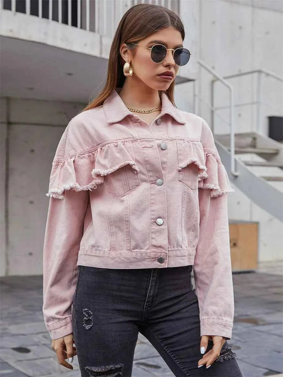 Vintage Raw Trim Ruffle Denim Jacket