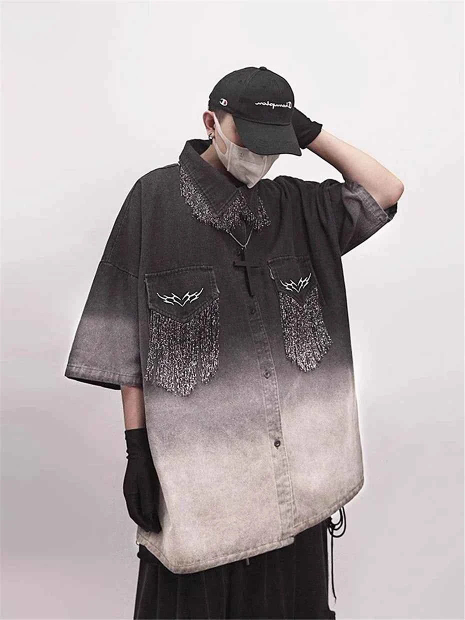 Oversized Black Tassels Denim Shirt