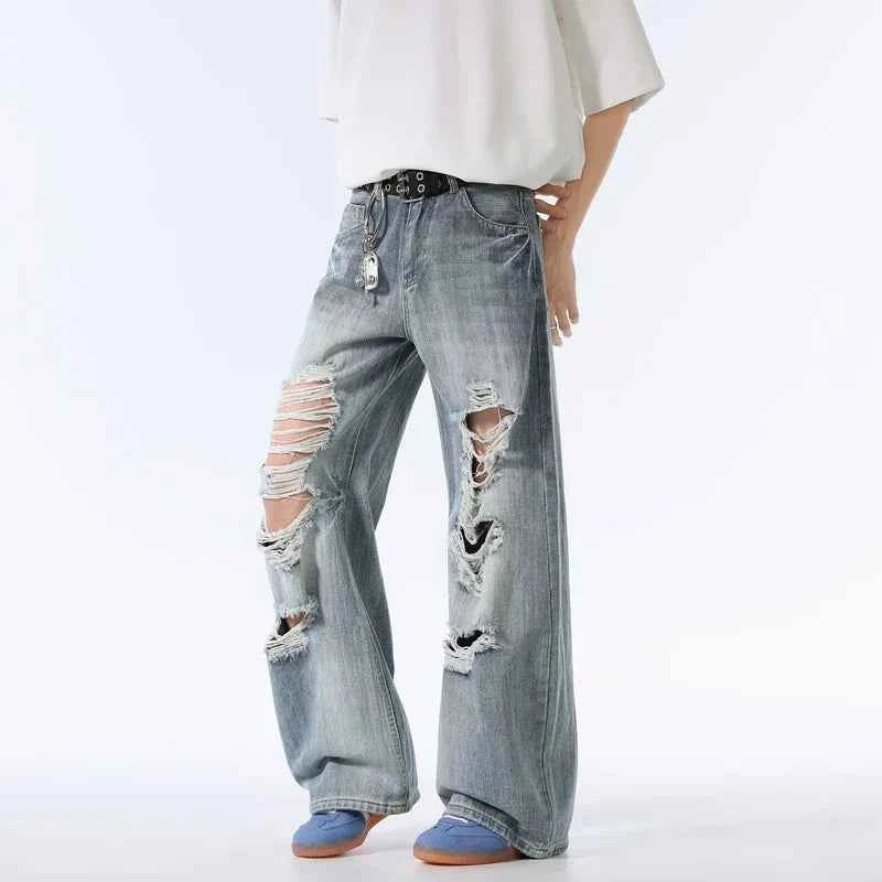 Lightweight Distressed High Waisted Wide Leg Jeans