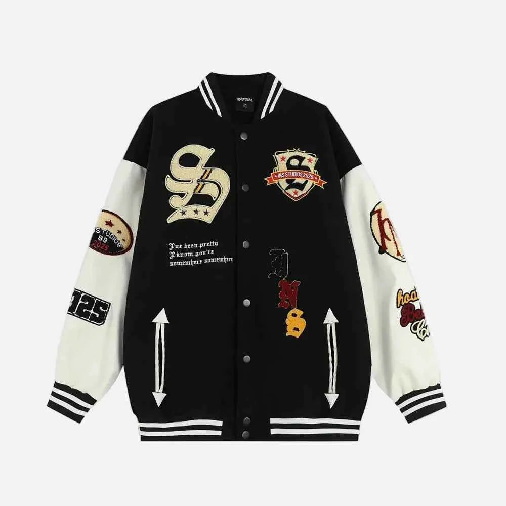 Embroidered Multi Badges Baseball Varsity Jacket