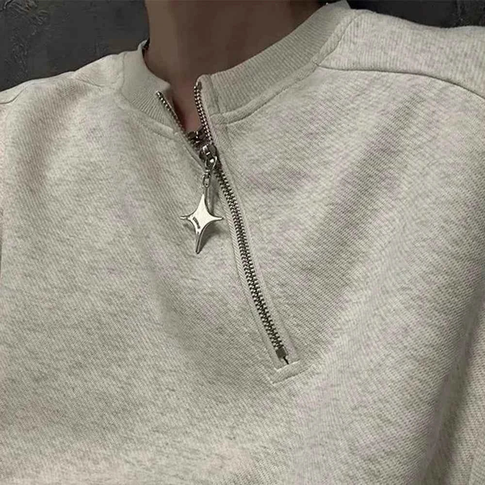 Retro Metal Half Zipper Splicing Sweatshirt