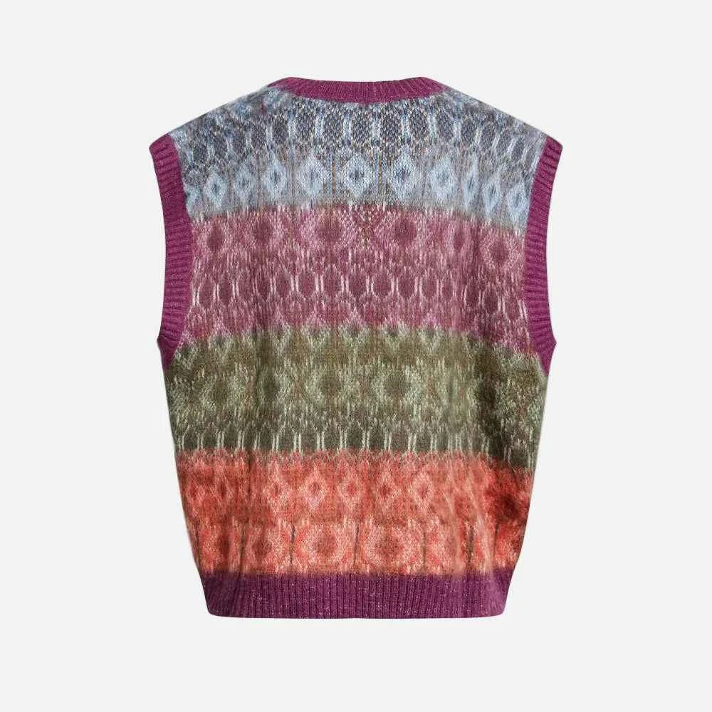 Jacquard Mohair Knitted V-Neck Sleevless Sweater