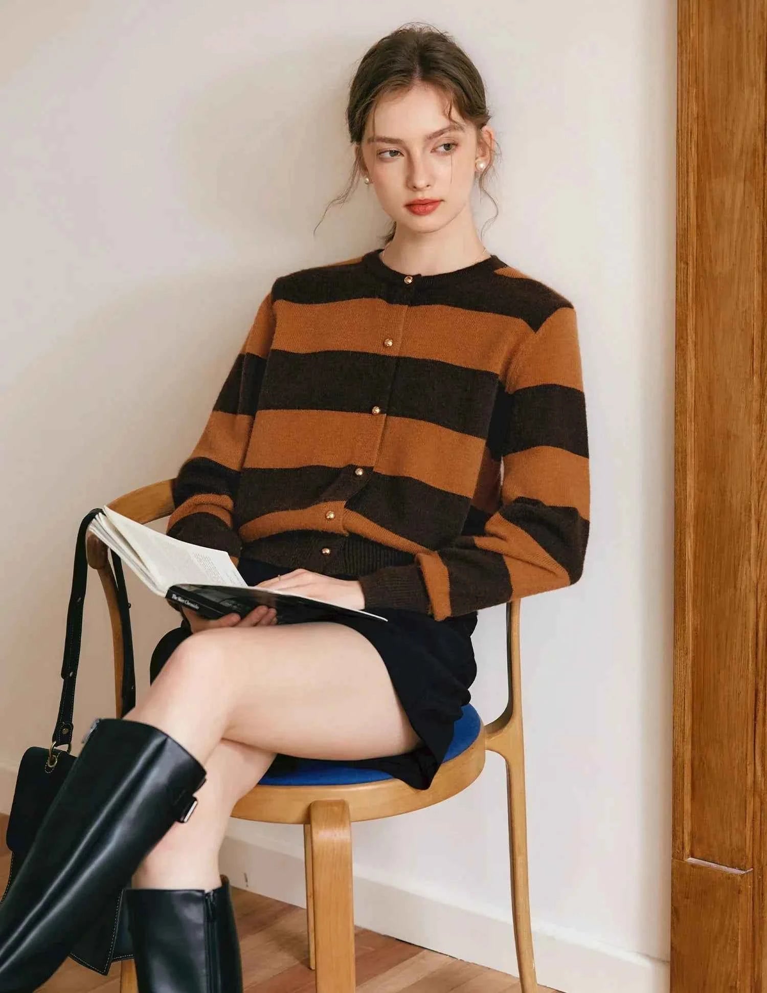 French Lazy Style Striped Knitted Cardigan