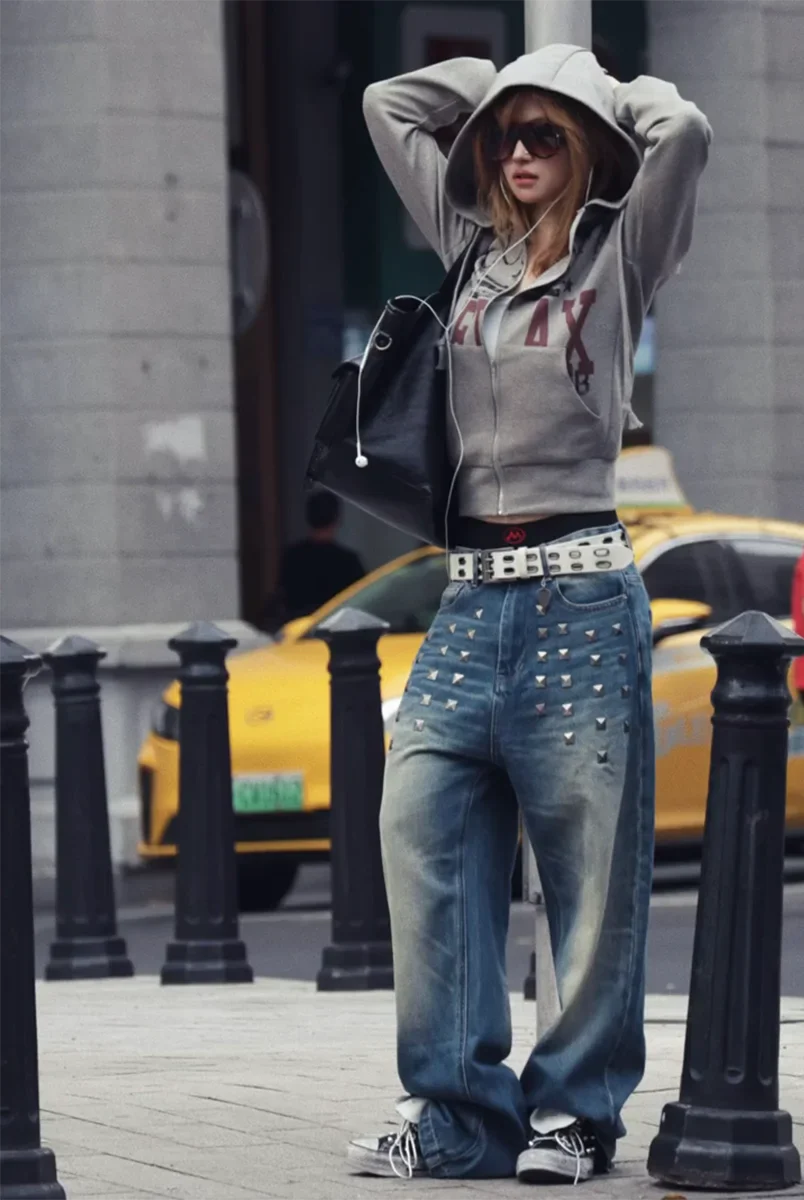 Vintage Washed Rivet Design Wide Leg Jeans - Luxuryurbanwear