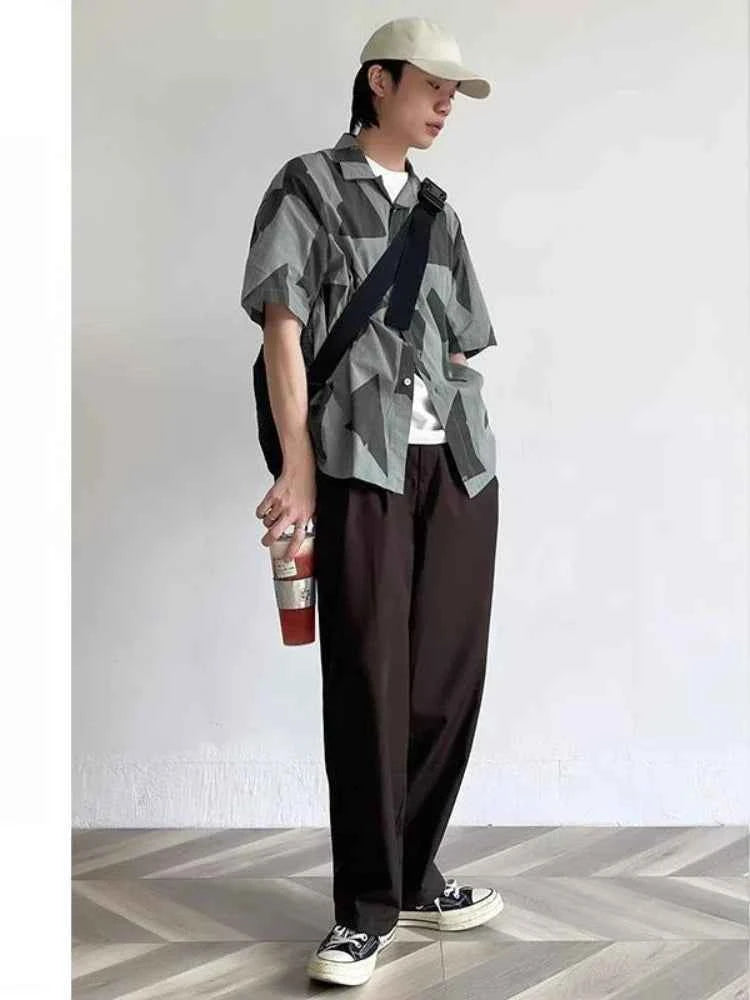 Y2K Street Style Navy Geometric Print Short Sleeve Shirt