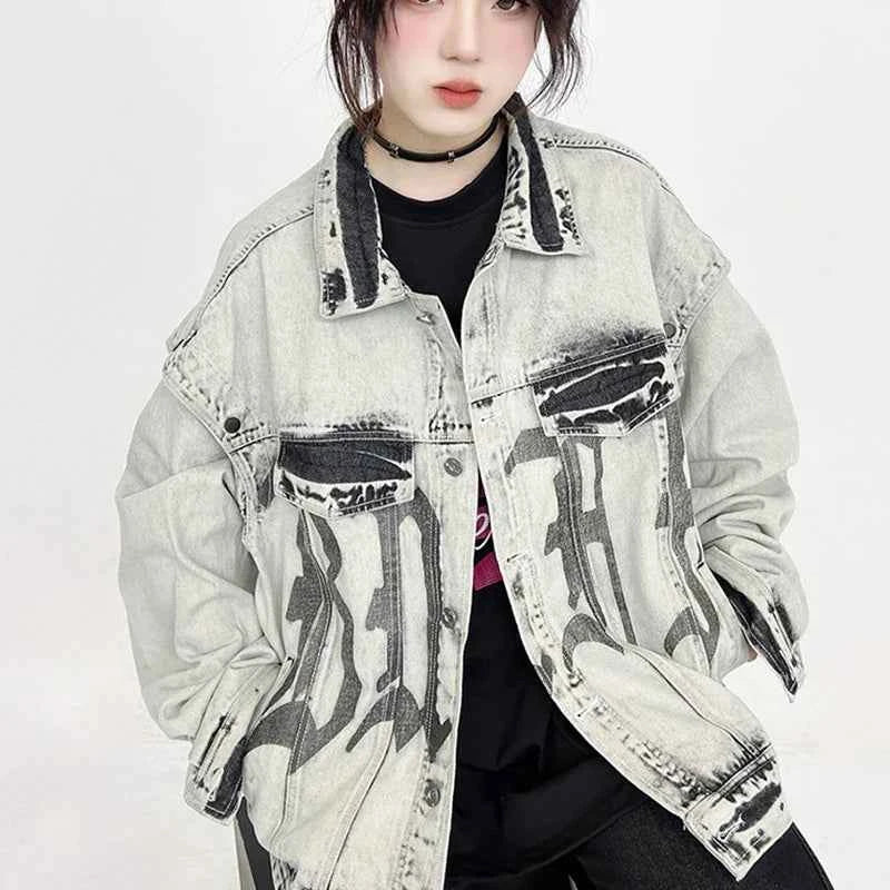 Washed Gray Oversize Letter Work Denim Jacket