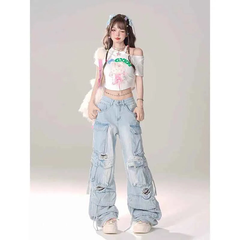 Breathable Y2K 90s Style Oversized Ripped Cargo Jeans