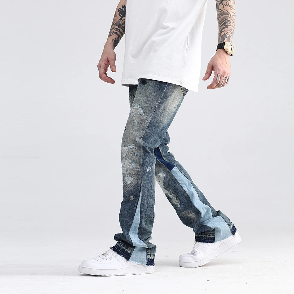 Streetwear Blue Speckle Ink Washed Flared Jeans