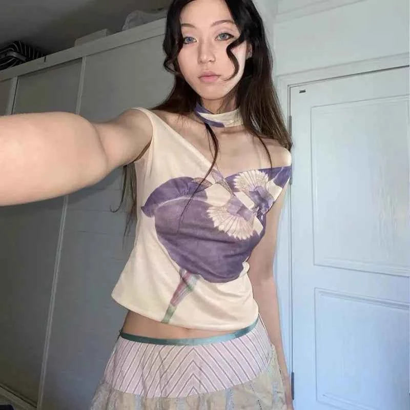Vintage Tattoo Print Mesh Off-Shoulder T-Shirt